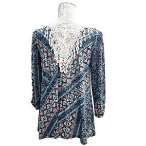 New Directions Top Tunic 3/4 Sleeve Boho  Back crocheted lace NWT Women's Medium